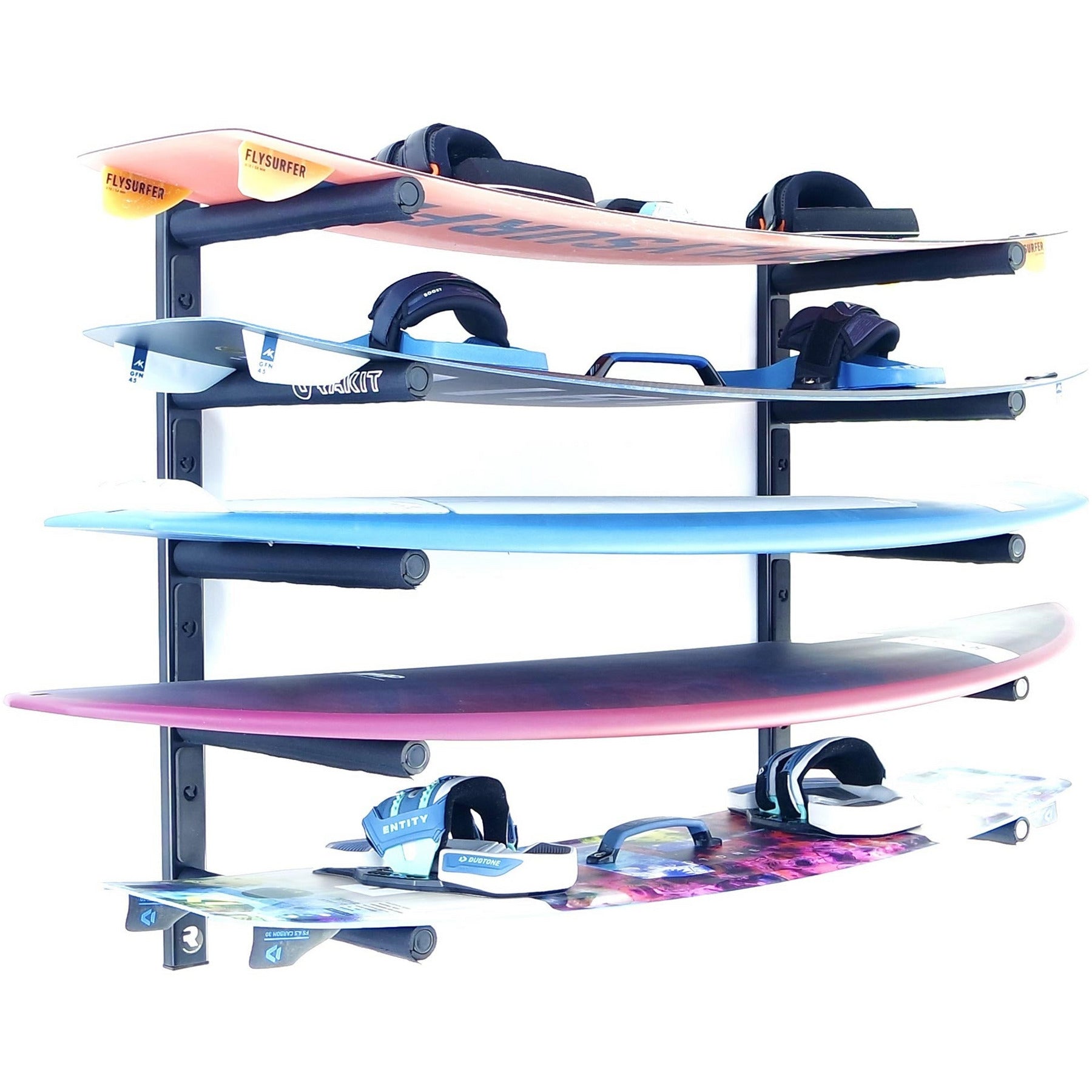 Wall mounted board rack for five boards. Strong and durable aluminium construction. Full foam protection pads. Fixing kit included. Free delivery in SA. BOARD RACKS | SURFBOARD RACK | SURF RACKS FOR WALL | SURFBOARD STORAGE | RAKIT | CAPE TOWN | SOUTH AFRICA | #WHEREBOARDSSLEEP | SURF | RACK | GARGE | BOARD | STORAGE | 