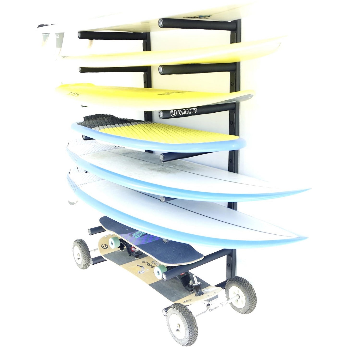 Jacobs Ladder Surf Rack - Rakit Systems SUITABLE FOR A WIDE RANGE OF BOARDS. FROM SURFBOARDS TO SKATEBOARDS OUR BOARD RACKS ENSURE YOUR BOARDS ARE SAFELY AND PROUDLY ON DISPLAY RAKIT CAPE TOWN #WHEREBOARDSSLEEP
